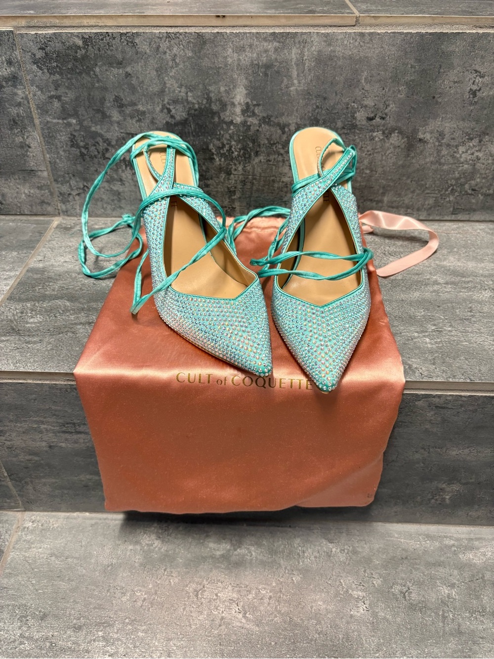 Cult Of Coquette Diane Blue Vegan Satin Sling Back Pumps Size 7